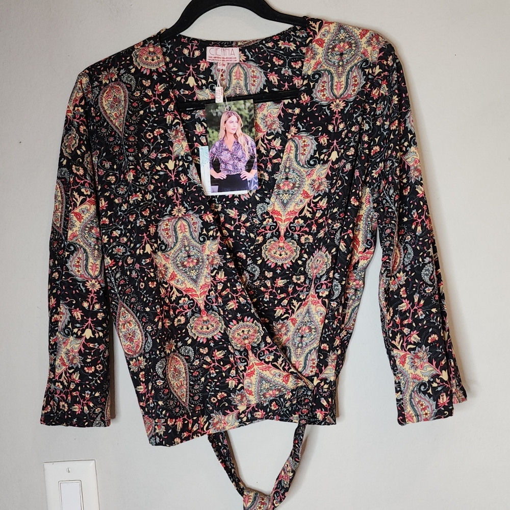 NWT CIENNA Silk Blend True Wrap Allegra Long Sleeve Top Blouse Black Paisley S/M